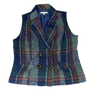 CAbi Blue Tartan Plaid Tweed Vest Double Breast Dark Academia Preppy Medium Y2K